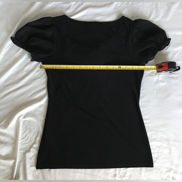 EUC WHBM black short sleeve vneck top with sheer ruffle accent and sleeves. - Picture 4 of 8